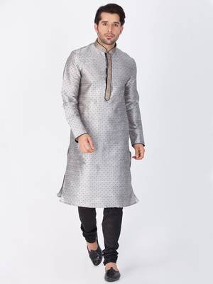 Men Grey Cotton Silk Kurta And Pyjama Set 1