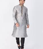 Men Grey Cotton Silk Kurta And Pyjama Set