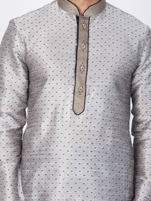 Men Grey Cotton Silk Kurta And Pyjama Set 2