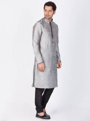 Men Grey Cotton Silk Kurta And Pyjama Set 3