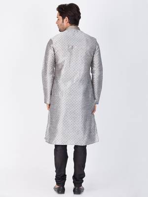 Men Grey Cotton Silk Kurta And Pyjama Set 4