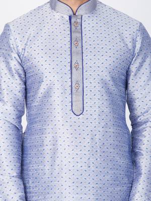Men Light Blue Cotton Silk Kurta And Pyjama Set 2