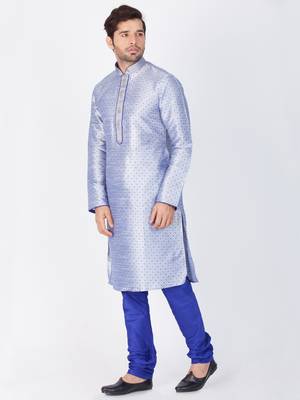 Men Light Blue Cotton Silk Kurta And Pyjama Set 3