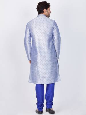 Men Light Blue Cotton Silk Kurta And Pyjama Set 4