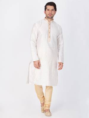 Men White Cotton Silk Kurta And Pyjama Set 1