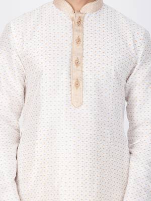 Men White Cotton Silk Kurta And Pyjama Set 2