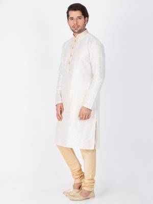 Men White Cotton Silk Kurta And Pyjama Set 3
