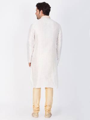 Men White Cotton Silk Kurta And Pyjama Set 4