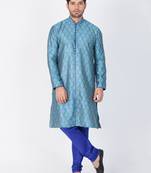 Men Light Blue Cotton Silk Kurta And Pyjama Set