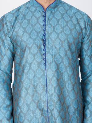 Men Light Blue Cotton Silk Kurta And Pyjama Set 2