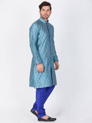 Men Light Blue Cotton Silk Kurta And Pyjama Set 3