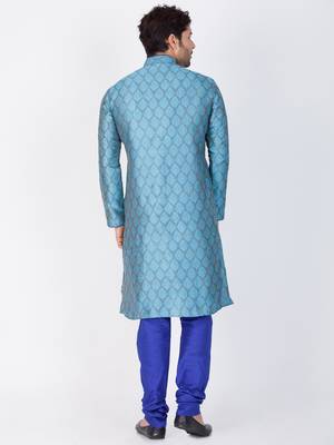 Men Light Blue Cotton Silk Kurta And Pyjama Set 4