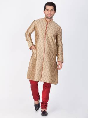Men Beige Cotton Silk Kurta And Pyjama Set 1