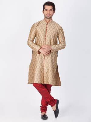 Men Beige Cotton Silk Kurta And Pyjama Set 3