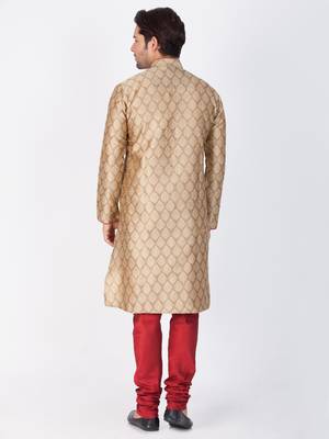 Men Beige Cotton Silk Kurta And Pyjama Set 4
