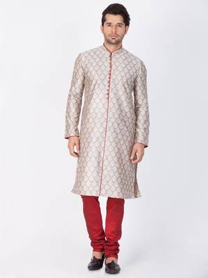 Men Grey Cotton Silk Kurta And Pyjama Set 1