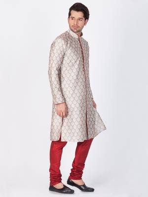 Men Grey Cotton Silk Kurta And Pyjama Set 3