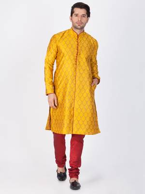 Men Yellow Cotton Silk Kurta And Pyjama Set 1