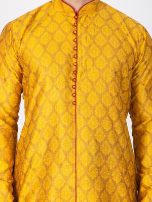 Men Yellow Cotton Silk Kurta And Pyjama Set 2