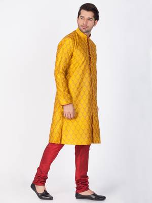 Men Yellow Cotton Silk Kurta And Pyjama Set 3