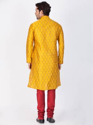 Men Yellow Cotton Silk Kurta And Pyjama Set 4