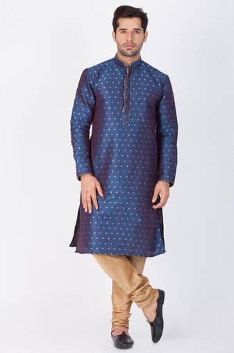 Men Blue Cotton Silk Kurta And Pyjama Set