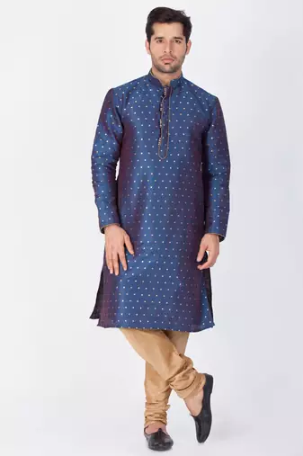Men Blue Cotton Silk Kurta And Pyjama Set