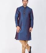 Men Blue Cotton Silk Kurta And Pyjama Set