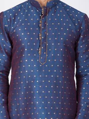 Men Blue Cotton Silk Kurta And Pyjama Set 2