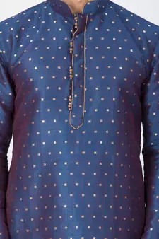 Men Blue Cotton Silk Kurta And Pyjama Set