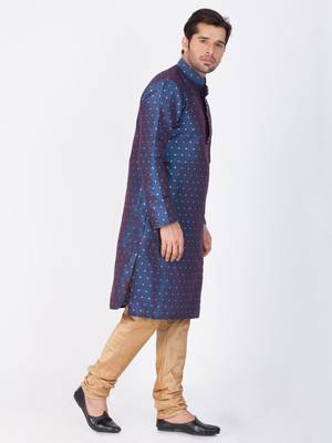 Men Blue Cotton Silk Kurta And Pyjama Set 3