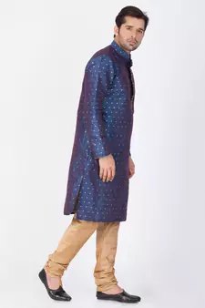 Men Blue Cotton Silk Kurta And Pyjama Set