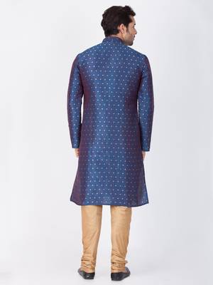 Men Blue Cotton Silk Kurta And Pyjama Set 4