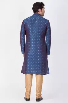 Men Blue Cotton Silk Kurta And Pyjama Set