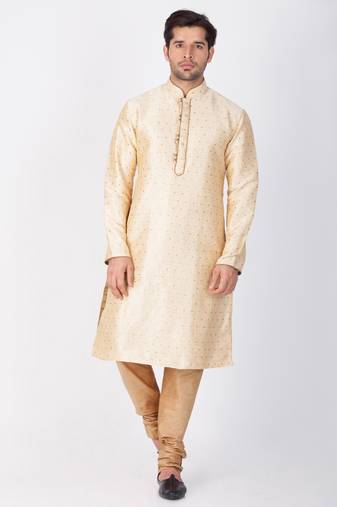 Men Gold Cotton Silk Kurta And Pyjama Set