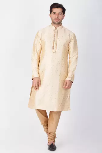 Men Gold Cotton Silk Kurta And Pyjama Set