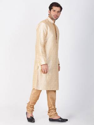 Men Gold Cotton Silk Kurta And Pyjama Set 2