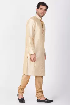 Men Gold Cotton Silk Kurta And Pyjama Set