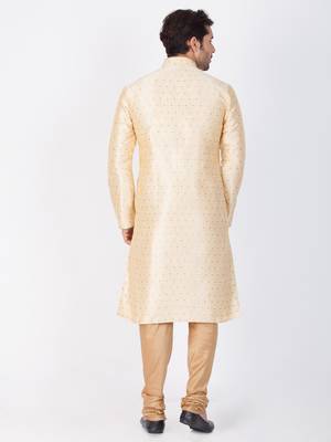 Men Gold Cotton Silk Kurta And Pyjama Set 4