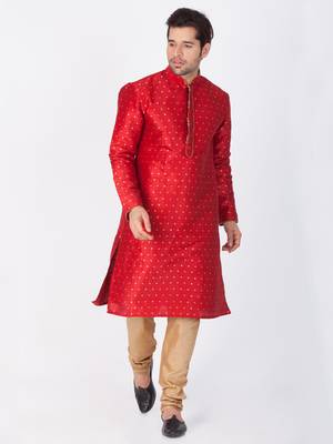 Men Maroon Cotton Silk Kurta And Pyjama Set 1