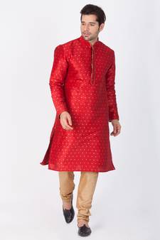 Men Maroon Cotton Silk Kurta And Pyjama Set