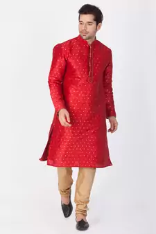 Men Maroon Cotton Silk Kurta And Pyjama Set