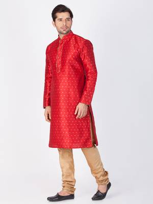 Men Maroon Cotton Silk Kurta And Pyjama Set 3
