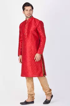 Men Maroon Cotton Silk Kurta And Pyjama Set