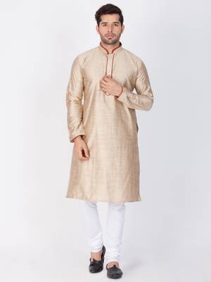 Men Beige Cotton Silk Kurta And Pyjama Set 1