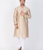 Men Beige Cotton Silk Kurta And Pyjama Set