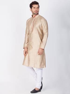 Men Beige Cotton Silk Kurta And Pyjama Set 2