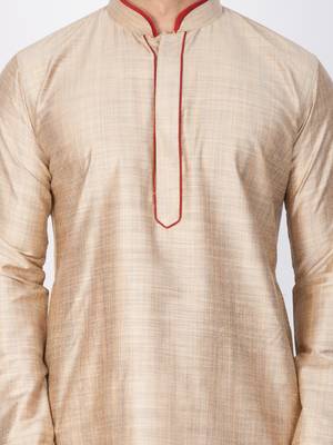 Men Beige Cotton Silk Kurta And Pyjama Set 3