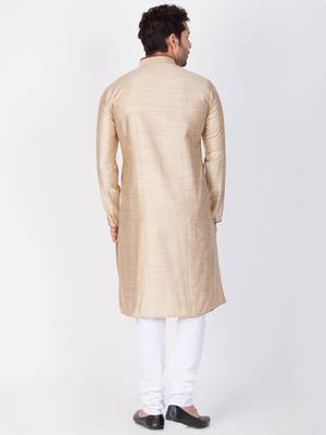 Men Beige Cotton Silk Kurta And Pyjama Set 4
