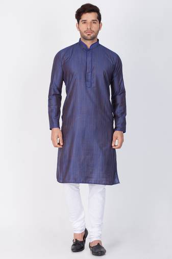 Men Blue Cotton Silk Kurta And Pyjama Set